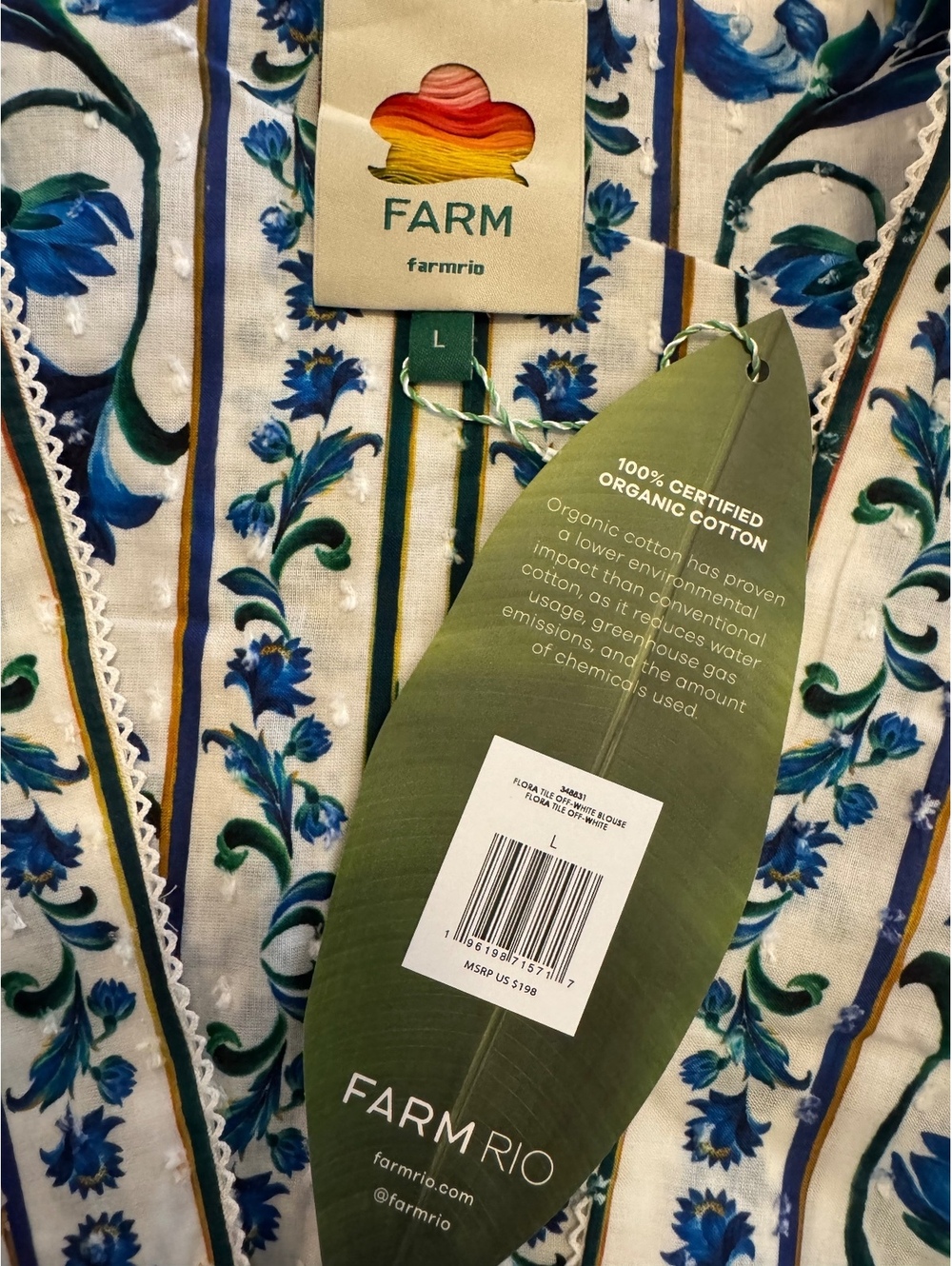 NWT Farm Rio Deep V 100% Organic Cotton Puff Sleeve Blouse Smocked Waist Large - Picture 7 of 8